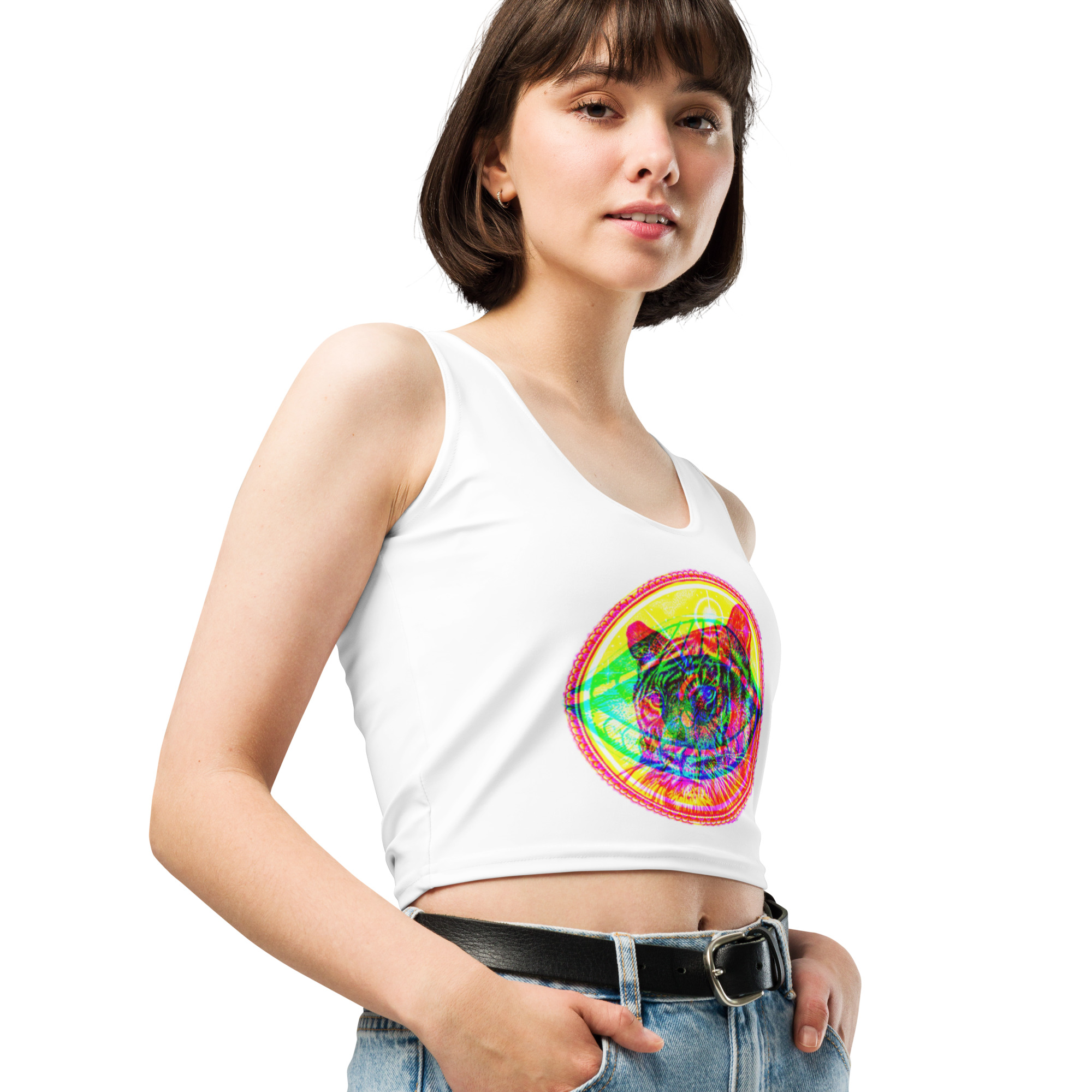 'TIGER'S EYE': White Cropped Vest-Top, Wearable Light-Reactive Art Design, Colourful Graphic Tee - Perfect for Parties, Raves  and Festivals, Available in a Variety of Sizes