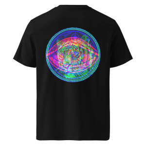 'TIGER'S EYE': Black Unisex 100% Organic Cotton T-shirt, Wearable Light-Reactive Art Design, Colourful Graphic Tee - Perfect for Parties, Raves  and Festivals, Available in a Variety of Sizes