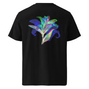 ‘BLOOM / LILY’: Black Unisex 100% Organic Cotton T-shirt, Wearable Light-Reactive Art Design, Colourful Graphic Tee – Perfect for Parties, Raves and Festivals, Available in a Variety of Sizes