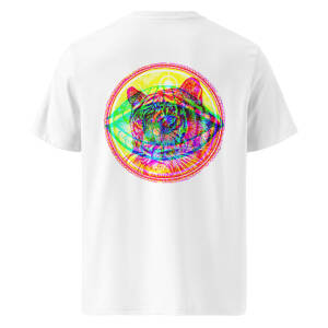 'TIGER'S EYE': White Unisex 100% Organic Cotton T-shirt, Wearable Light-Reactive Art Design, Colourful Graphic Tee - Perfect for Parties, Raves  and Festivals, Available in a Variety of Sizes