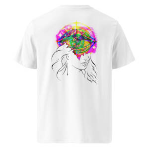 'UNIVERSAL GUIDANCE': White Unisex 100% Organic Cotton T-shirt, Wearable Light-Reactive Art Design, Colourful Graphic Tee - Perfect for Parties, Raves  and Festivals, Available in a Variety of Sizes