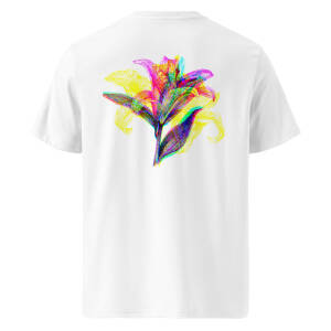 'BLOOM / LILY': White Unisex 100% Organic Cotton T-shirt, Wearable Light-Reactive Art Design, Colourful Graphic Tee - Perfect for Parties, Raves  and Festivals, Available in a Variety of Sizes
