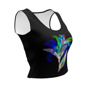 ‘LILY’: Black Cropped Vest-Top, Wearable Light-Reactive Art Design, Colourful Graphic Tee – Perfect for Parties, Raves and Festivals, Available in a Variety of Sizes