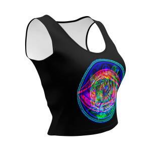‘TIGER’S EYE’: Black Cropped Vest-Top, Wearable Light-Reactive Art Design, Colourful Graphic Tee – Perfect for Parties, Raves and Festivals, Available in a Variety of Sizes