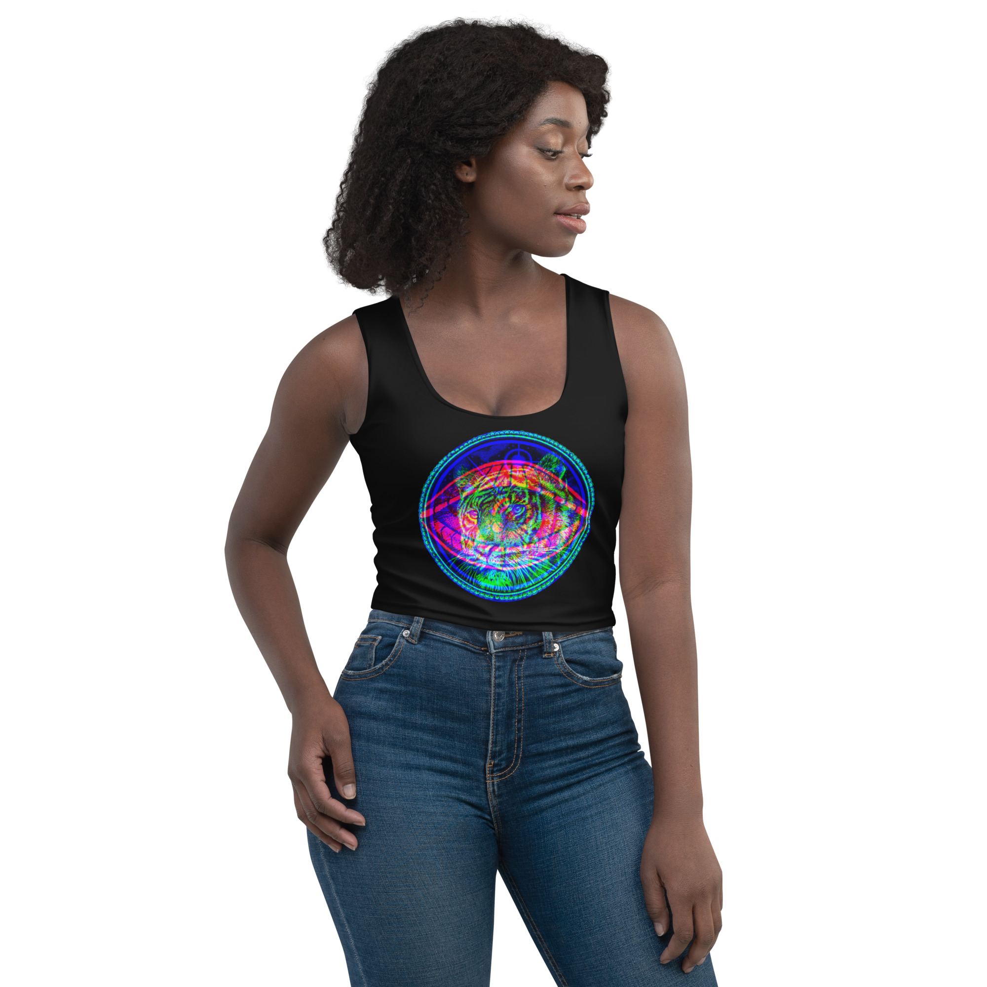 ‘TIGER’S EYE’: Black Cropped Vest-Top, Wearable Light-Reactive Art Design, Colourful Graphic Tee – Perfect for Parties, Raves and Festivals, Available in a Variety of Sizes