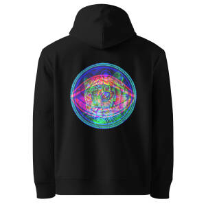 ‘TIGER’S EYE’: Black Unisex 100% Organic Cotton Hoodie, Wearable Light-Reactive Art Design, Colourful Graphic Sweater – Perfect for Parties, Raves and Festivals, Available in a Variety of Sizes